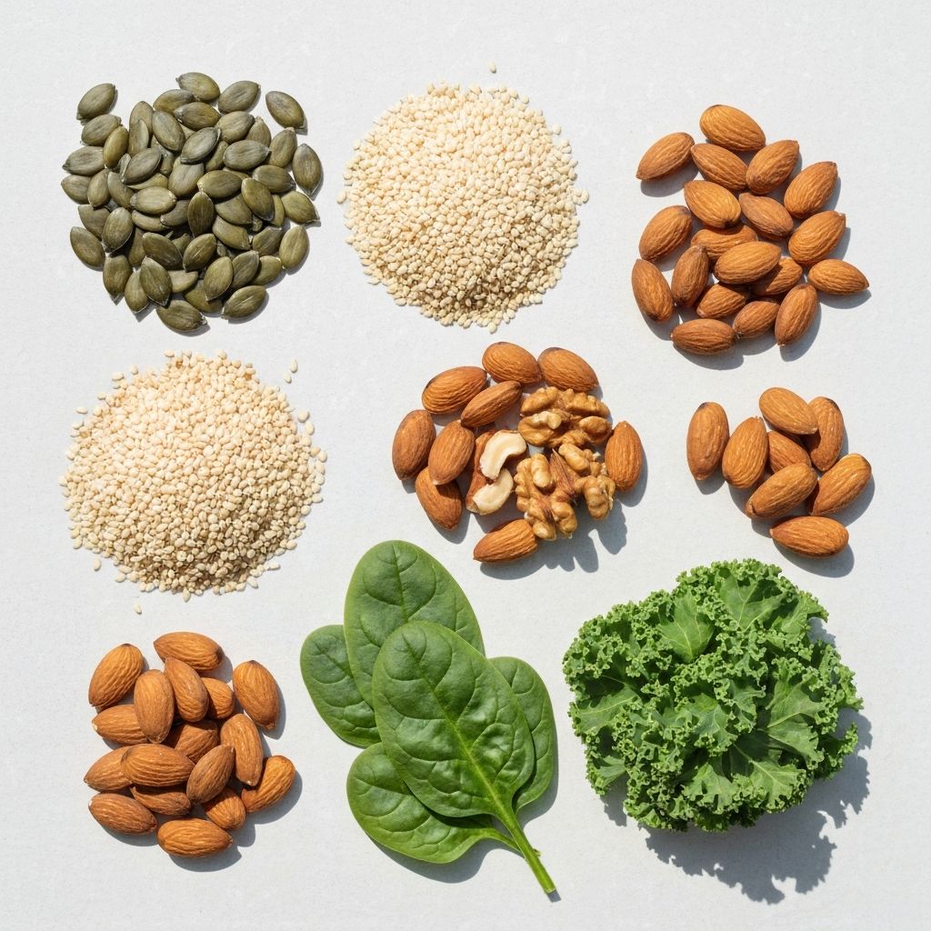 Seeds, nuts, and leafy greens rich in minerals