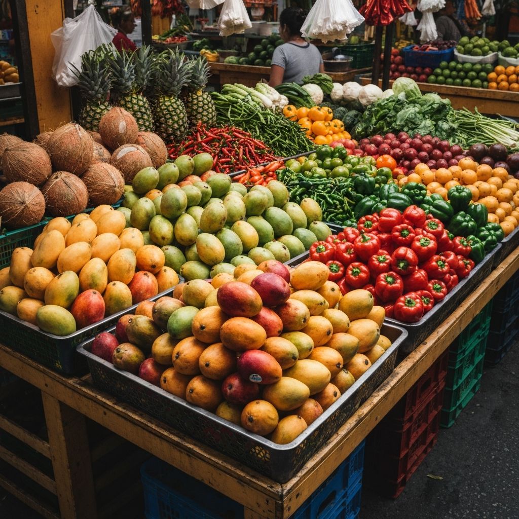 Colorful Latin American market with diverse fresh produce
